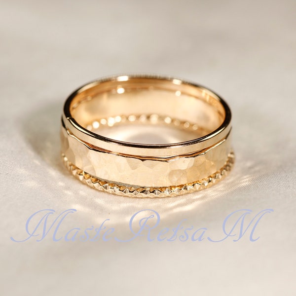 Handmade 14k Gold Filled Stackable 3 Rings Set-J : Hammered, Smooth & Sparkle