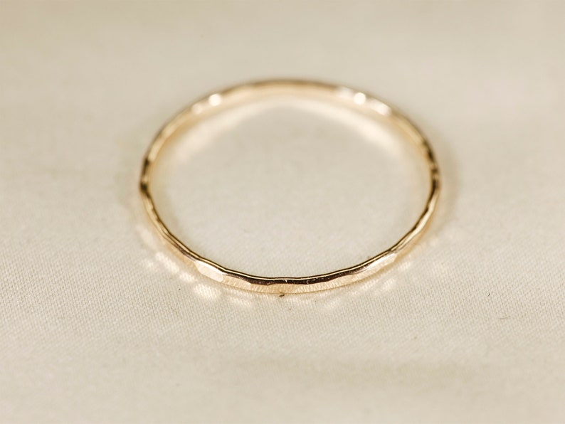 14K Yellow SOLID gold ring, Flat wire, Hammered ring, Wire width : 1.1 / 1.5mm image 3