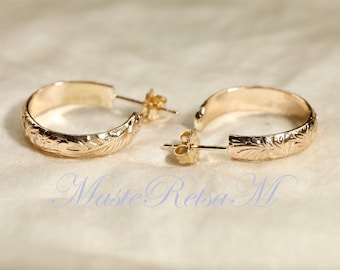 E7801/2101-14K Gold Filled Pattern Hoop Earrings – Vintage Style, Sterling Silver Option