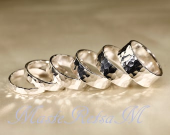 925 Silver,     Hammered  RINGs,      width：3-8mm