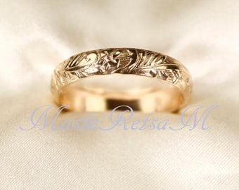 107801 Anelli con motivo floreale riempito in oro 14k, anello con motivo in argento, larghezza 4 mm