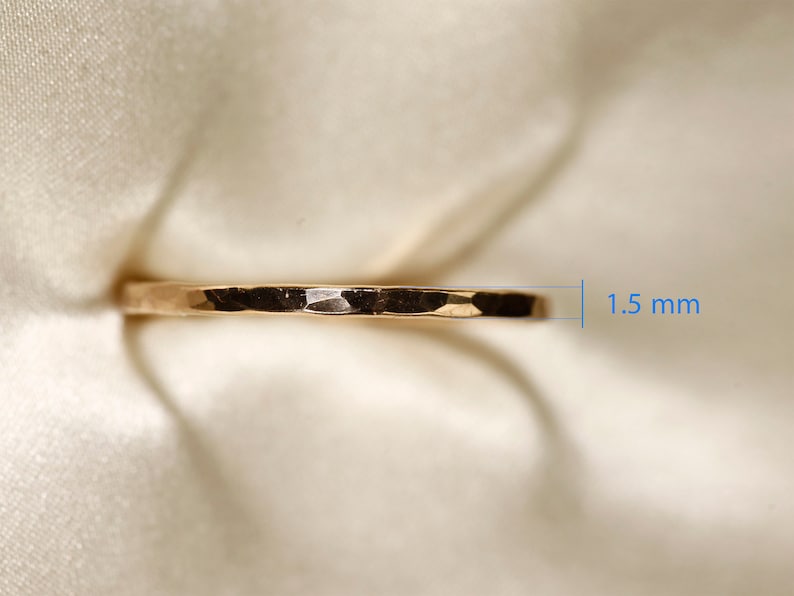 14K Yellow SOLID gold ring, Flat wire, Hammered ring, Wire width : 1.1 / 1.5mm image 10