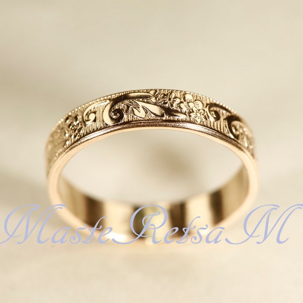 ZP165- Textured 14k Gold Filled Ring: Floral Band (Rose Gold / Sterling silver)