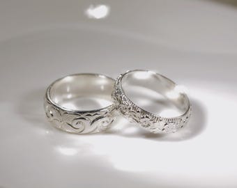 2110+2127 MasteRetsaM Sterling Silver Wedding Bands Set, Floral detail Pattern Bands