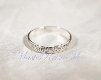 108352-Handmade Argentium silver Floral Pattern Ring – Vintage Style