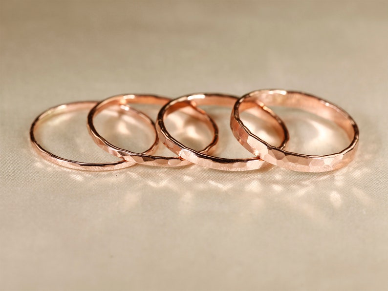 14k ROSE gold filled ring, Flat wire, Hammered Ring, 1-2.5mm width. image 1