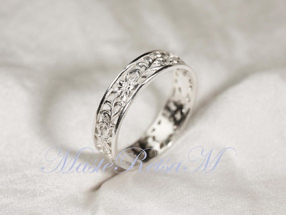 ZP160- Handmade Sterling Silver Openwork Pattern Floral Ring: 18K