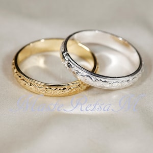 102126 925 Silver pattern ring, 14K Gold Vermeil ring 3.5mm width Gold+Silver (2Rings)