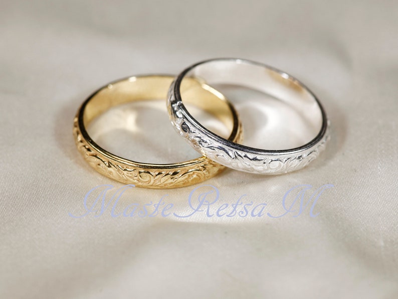 102126 925 Silver pattern ring, 14K Gold Vermeil ring 3.5mm width Gold+Silver (2Rings)