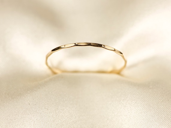 14K Solid Yellow Gold Hammered Ring: Dainty Wire Band, 0.8mm