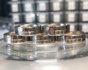 Liberty birth year quarter Ring, Base metal Coin Ring, 90% silver quarter rings, Including 1965-1998 year ring,  6mm width.