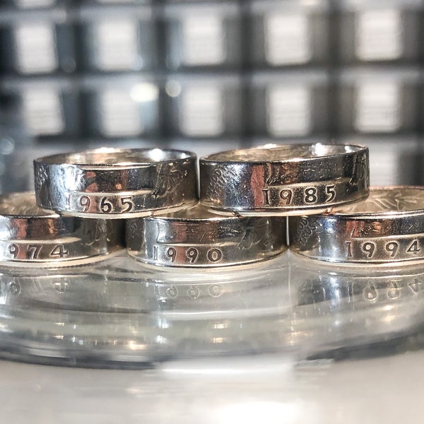 Liberty birth year quarter Ring, Base metal Coin Ring, 90% silver quarter rings, Including 1965-1998 year ring,  6mm width.