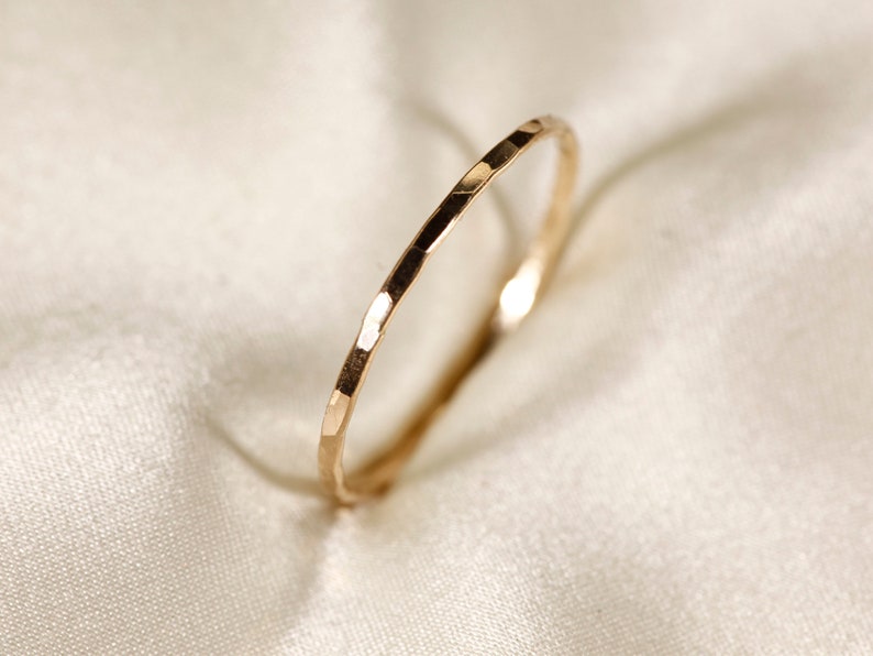 14K Yellow SOLID gold ring, Flat wire, Hammered ring, Wire width : 1.1 / 1.5mm image 6