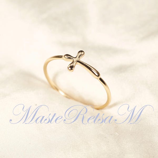 18 kt gouden vermeil 3D-kruisring, ring van delicate draad, sterlingzilveroptie beschikbaar