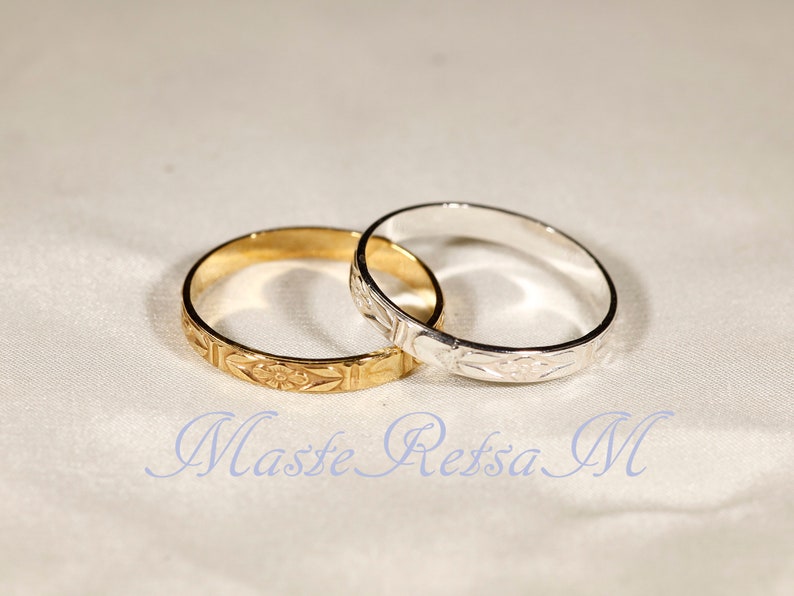 102124 925 Silver pattern ring, 14K gold Vermeil ring , 2.8mm width Gold+Silver (2Rings)