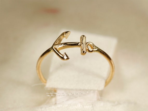 14K  Yellow SOLID gold ring, Anchor Shape Ring, Wire diameter: 1mm