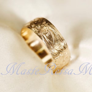 107807  14k Gold filled Super Wide pattern ring, 925 Sterling Silver Floral Pattern Ring,   7.7mm width