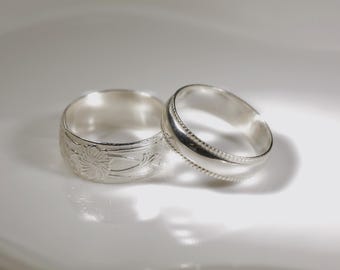2107+4204 MasteRetsaM Sterling Silver Wedding Bands Set, Floral Love Bands