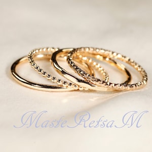 Handmade 14k Gold Filled Stacking 4 Rings Set-K : Hammered, Beaded & Sparkle