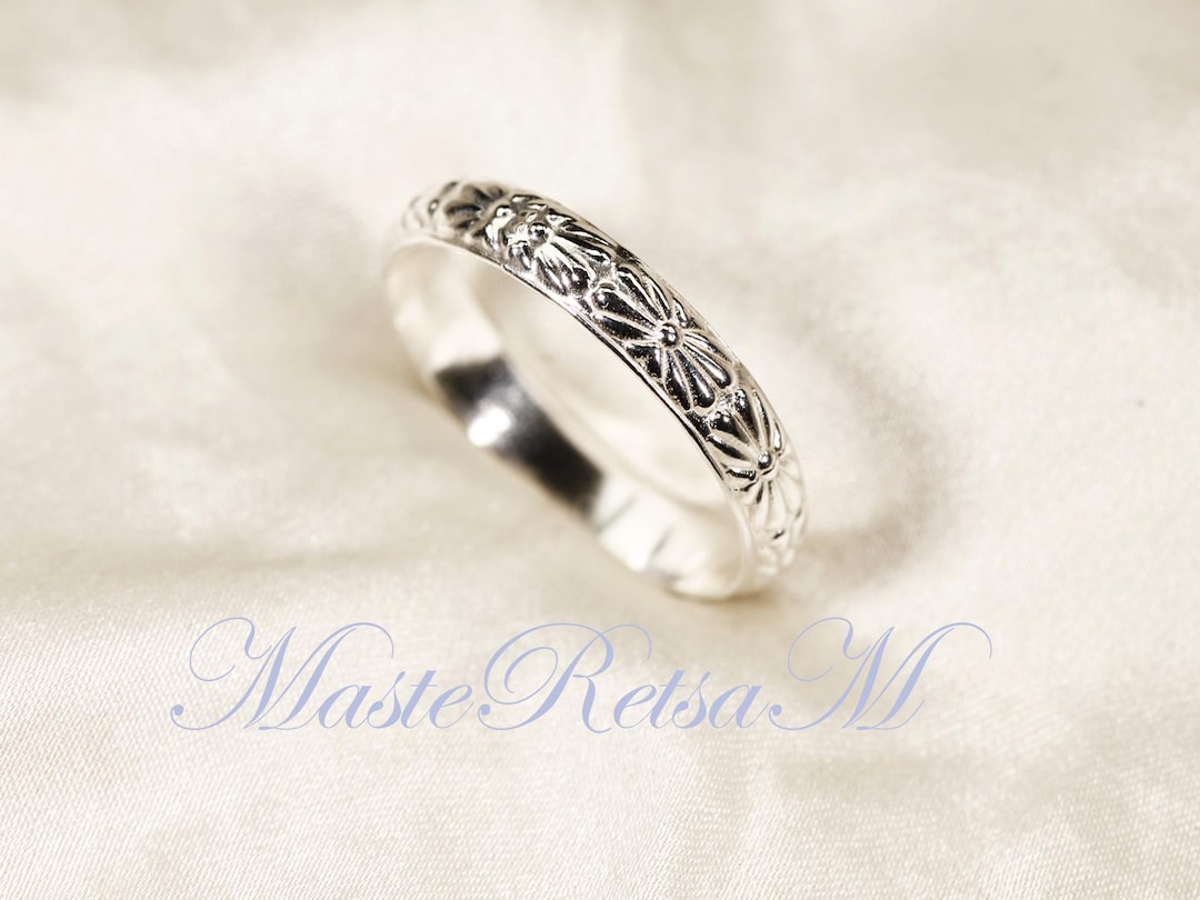 Silver Patterned Rings Zp102w-handmade Sterling Silver Pattern Ring - Floral Band (3.8mm) - Etsy