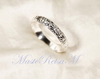 ZP102W-Handmade Sterling Silver Pattern Ring - Floral Band (3.8mm)