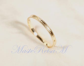 10K Solid Gold Stackable Band – Dainty Textured Pattern Ring (2mm Width)