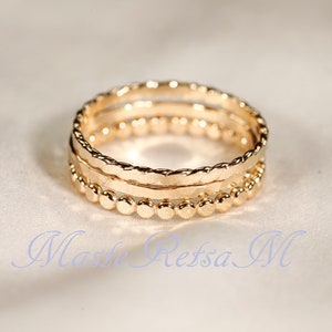 14k Gold Filled Stapelring Set - C: Gehämmert, Twist, Perle