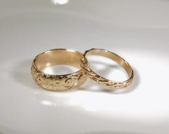 7810+7986 MasteRetsaM 14K Gold Filled Wedding Bands Set, Classic Floral Pattern Bands
