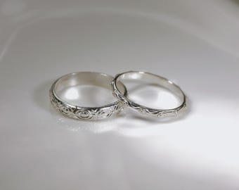 108351+ZP07 MasteRetsaM Sterling Silver Wedding Bands Set, Heaven Eyes Pattern Bands