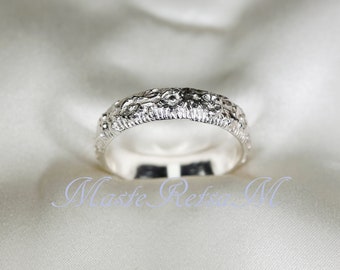 102127     925 Sterling silver ring Floral Texture Ring, Handmade Unisex Sterling Silver Ring.