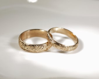 7987+7801 MasteRetsaM 14K Gold Filled Wedding Bands Set, Antique Floral Pattern Bands