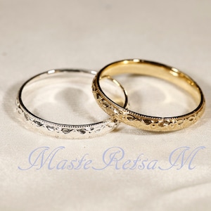 102118 Bague en argent 925 texturé, bague en or 14 carats et vermeil de 2,8 mm de large Gold+Silver(2 rings)