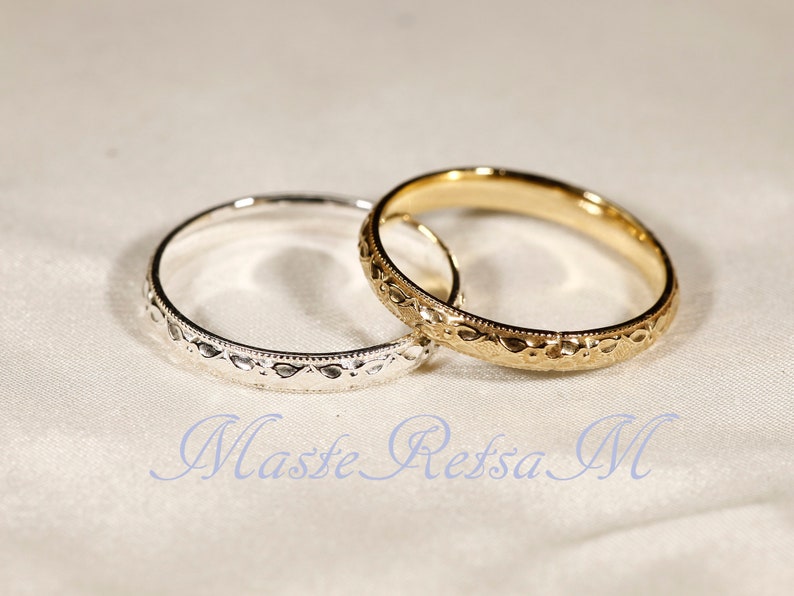 102118 925 Silver texture ring , 14K gold Vermeil ring 2.8mm Wide Gold+Silver(2 rings)