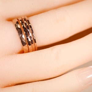 14k ROSE gold filled ring, Flat wire, Hammered Ring, 1-2.5mm width. 4 rings SET