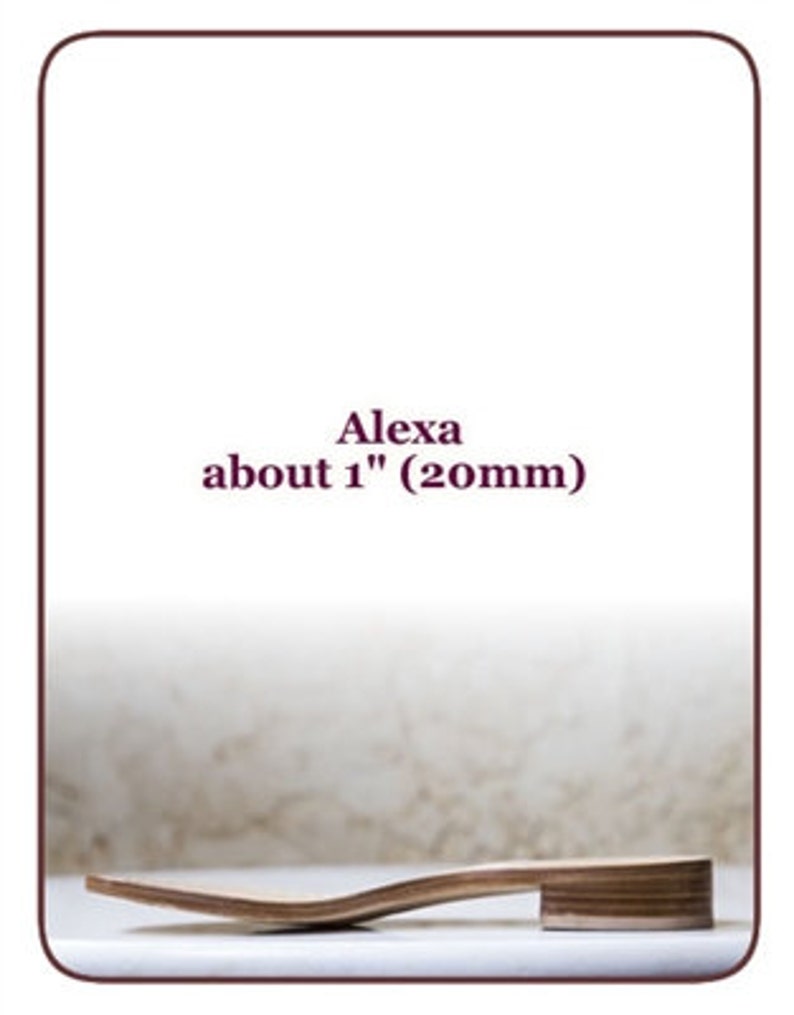 May include: A wooden shoe sole, about 1 inch (20mm) thick, for making custom shoes.  Alexa is written on the sole.
