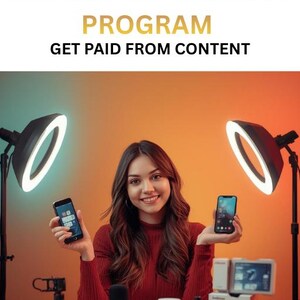 May include: A woman holding two smartphones, surrounded by content creation equipment. The image features ring lights, a microphone, and various products on a yellow surface. Text at the top reads "AMAZON INFLUENCER PROGRAM GET PAID FROM CONTENT."