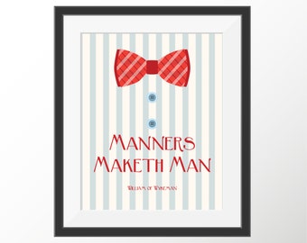 Little Boys Room Good Manners Maketh Man Bow Tie Baby Boy Gifts Quote Little Boy Room Toddler Boy Kingsman Blue and White