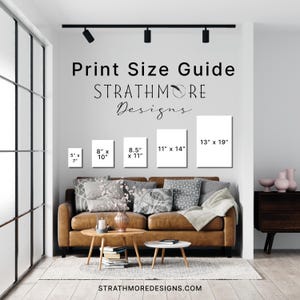 May include: A Print Size Guide by Strathmore Designs featuring five white rectangular frames on a wall above a brown leather sofa. The frames are labeled with dimensions: 5" x 7", 8" x 10", 8.5" x 11", 11" x 14", and 13" x 19". The website is strathmoredesigns.com.