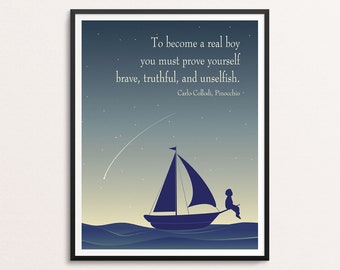 Pinocchio Quote Print | Real Boy Room | Brave, Truthful, and Unselfish| Baby Boy Nursery Art | Little Boy Room | Kids Room Wall Art