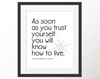 Póster con cita motivacional de filosofía, póster inspirador con cita de Goethe, autor en blanco y negro, decoración de pared con cita de escritor.