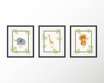 Jungle Animals Safari Animals Jungle Safari Nursery Decor Jungle Wall Art Elephant Lion Print Elephant Giraffe Art Little Boy Girl Room