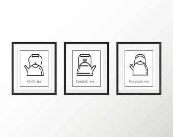 Juego de tetera, tetera, tetera, amante del té, decoración de cocina, juego de arte de pared, impresiones de cocina, impresión artística en blanco y negro, juego de palabras, regalo de inauguración de la casa