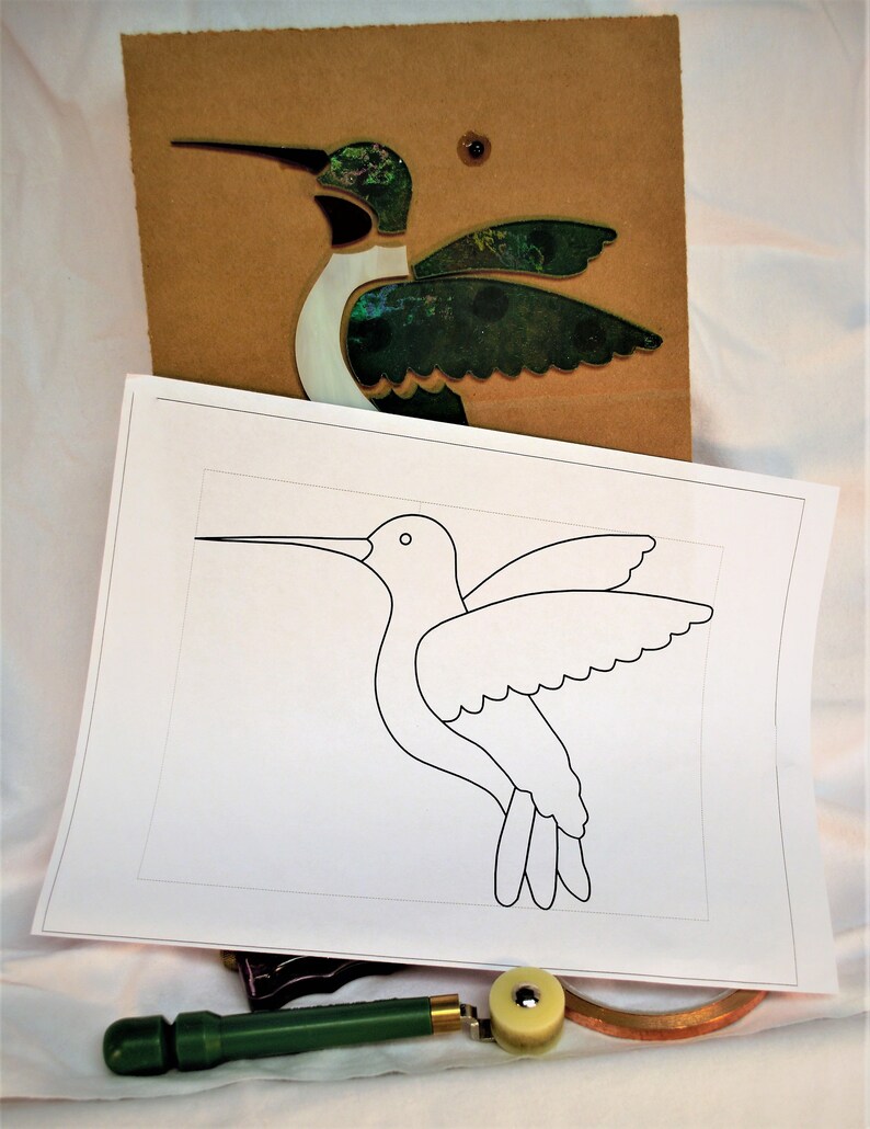 Perfect for beginners mosaics or lead PreCut Stained Glass Humming bird Kit Ready for foil Make as a suncatcher or build a panel