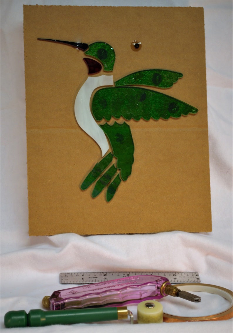 Perfect for beginners mosaics or lead PreCut Stained Glass Humming bird Kit Ready for foil Make as a suncatcher or build a panel