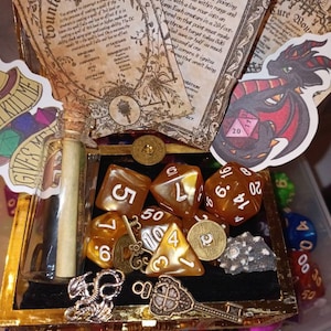 Treasure Chest Scrolls DND Dice Coins Map Glass Bottle Dungeons and Dragons Loot Fun Props TTRPG