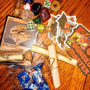 Loot Scoop!! Dungeons and Dragons D&D Dice D20 Keys Coins Dragon Charm Spell Scrolls Map Bottle Crystals Potions Stickers Keychain Pins Dnd