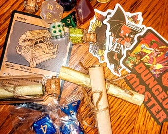 Loot Scoop!! Dungeons and Dragons D&D Dice D20 Keys Coins Dragon Charm Spell Scrolls Map Bottle Crystals Potions Stickers Keychain Pins Dnd