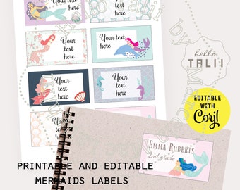Mermaid LABELS Printable + Editable- 8 Little Mermaid Name Labels Edit with Corjl Free Software Back to school Supplies Girl Stickers Labels