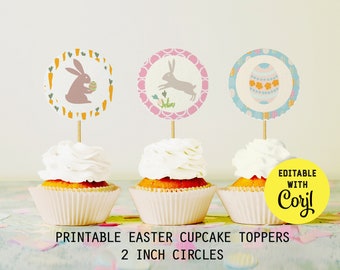 HAPPY Easter Cupcake Toppers- Círculos de 2 pulgadas con gráficos de Pascua Imprimible + Editable Hoja de collage Conejitos Huevos de Pascua Caza de zanahorias