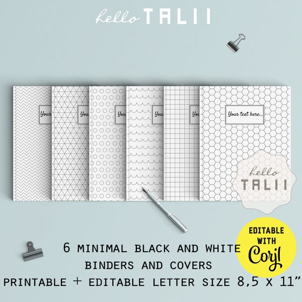 MINIMAL BINDER COVERS Printable- Black and White Minimalist Patterns Editable text with Corjl Binder Inserts Book and Planner Covers